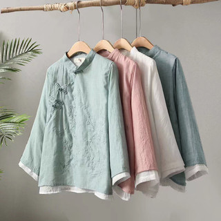 Retro Thêu Khóa Vải Lanh Cotton Mùa Xuân 2023 Phong Cách Mới Phong Cách Quốc Gia Trà Thiền Quần Áo Rời Khâu Cổ Tròn Áo Sơ Mi Nữ