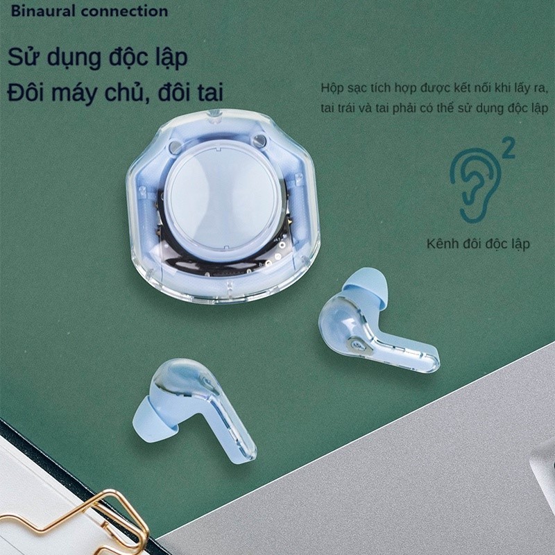 Tai nghe Bluetooth không dây Teemo Ultrapods Pro v5.3 màn hình kỹ thuật số trong suốt LED điều khiển Hồng pastel