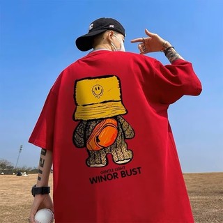 [Plus Size M-8XL] 2024 Nam Quá Khổ Thời Trang Hàn Quốc Rời Mỹ Vintage Gấu Nhỏ Mặc Mũ In Hình Tay Ngắn Cổ Tròn Đa Năng Xu Hướng Trang Phục Cặp Đôi