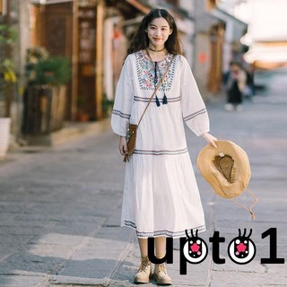 Up-nữ Đầm Dài Phong Cách Dân Tộc Thêu Tua Rua Buộc Cổ Tròn Tay Đèn Lồng Đầm Rời Thời Trang Mùa Xuân Đầm Thường Ngày