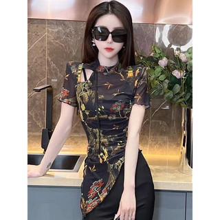 Phong Cách Mới Gạc Tay Ngắn Đáy Áo Sơ Mi Nữ Mùa Hè 2024 Phong Cách Mới In Hình Slim-fit Slimmer Look Top