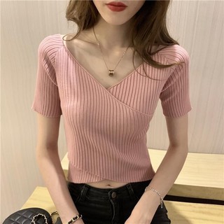 Áo ngắn tay nữ / mùa hè / quần áo nữ / eo cao mới / gợi cảm / màu trơn / phong cách ngắn / lụa băng / áo dệt kim / bó sát / áo thun