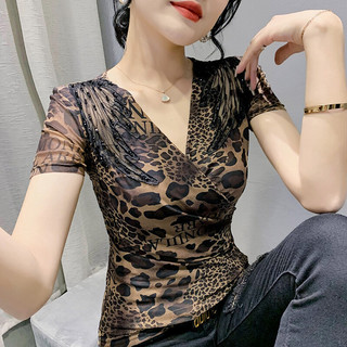 MIOU Mùa Hè 2025 Thời Trang Mới Đính Hạt Tay Ngắn Lưới Top Slim Fit Chữ V Cổ Vintage Da Báo In Áo Thun