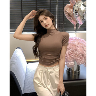 Phong Cách Hồng Kông Nửa Cổ Cao Ngắn Tay Áo Thun Nữ Mùa Hè ins Cô Gái Nóng Đáy Áo Sơ Mi Ôm Hơn Nhìn Gợi Cảm Ngắn Top 1730
