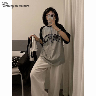 Chunjiamian Pure cotton ngắn tay màu chắp vá vai in dáng rộng áo thun ngắn tay dành cho nữ