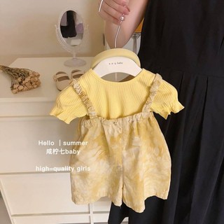Bộ đồ Hàn Quốc mùa hè dành cho bé gái, áo thun màu vàng + bộ hai mảnh yếm nhòe, dễ thương và ngọt ngào, cô gái dễ thương, hipster, dễ thương