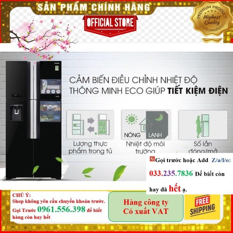 <Sale> Tủ lạnh Hitachi R-FW690PGV7(GBK) 4 cánh màu đen- Mới Chính Hãng )