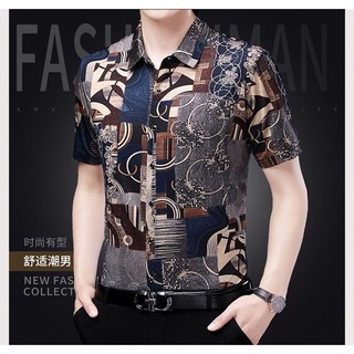 Áo sơ mi lụa băng áo sơ mi nam in hình ngắn mùa hè phong cách mới ice silk áo sơ mi tay ngắn nam in hình trung niên cao cấp nửa tay