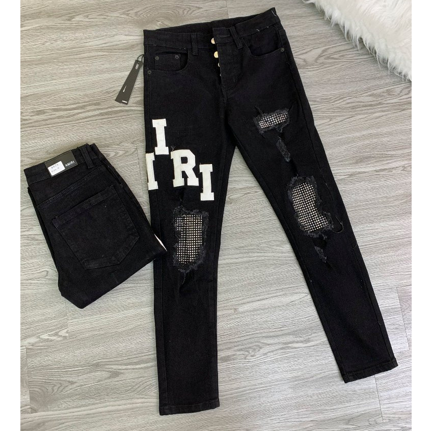 Quần bò nam Amiri đen trơn đính đá gối dáng côn khóa cúc in logo dọc quần chất denim co dãn nhẹ MQU 