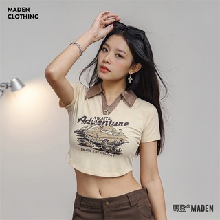 Hiện Đại Retro In Hình Áo Sơ Mi polo Off-Waist Phong Cách Ngắn Chính Hãng Vai Tay Ngắn Slim-fit Ôm Hơn Nhìn Áo Thun Hot Girl Xương Đòn Top Nữ