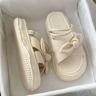 2023 Summer Fashion Sandals with Thick Foam Sole and Two Straps with Bows for Women