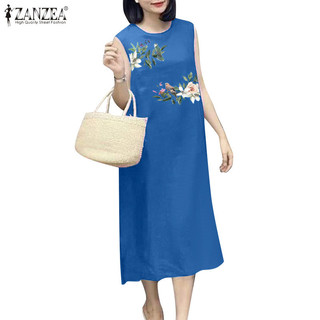 Zanzea Nữ Hàn Quốc Hàng Ngày In Hoa Cổ Tròn Không Tay Váy Thường Ngày