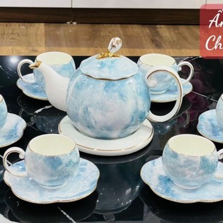Bộ ấm chén thưởng trà màu vân đá 2 màu núm nơ avihome avf25