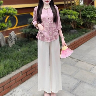 135.3032 set bộ lam túi tiền gấm hoa văn, áo cài nút ngọc, cổ tròn tay lở. quần ống suông có chun co giãn