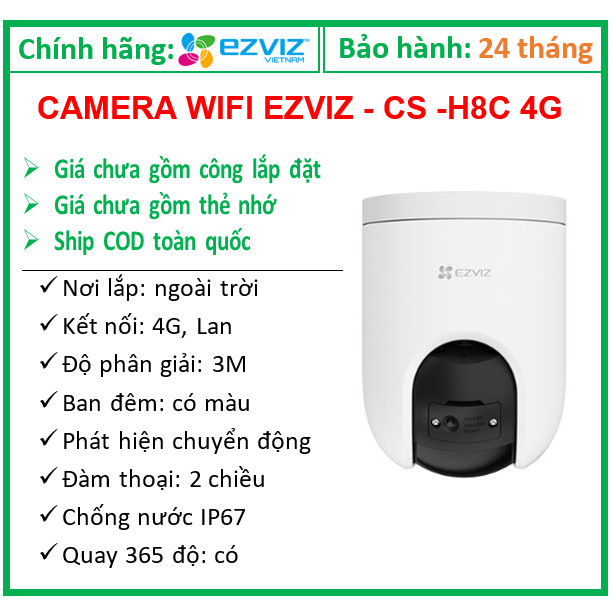 Camera Wifi EZVIZ - CS -H8C  (3MP, Camera sử dụng Sim 4G ); 24T