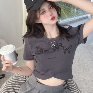 Jiashuchen [Cotton] Áo thun ngắn tay vai trước không đều dành cho nữ Mùa hè Phong cách mới Slim-Fit Slimmer Look Hot Girl