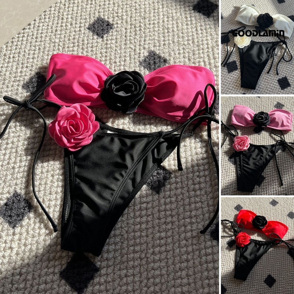 Goodlyz 2 Cái / bộ Nữ Gợi Cảm Bikini Bộ Chắp Vá Màu Bandeau Áo Ngực Phối Ren Bộ Hoa Hồng | BigBuy360 - bigbuy360.vn