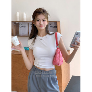 Xiaozhainv Phiên bản Hàn Quốc Áo thun ngắn tay cổ tròn màu trơn đơn giản dành cho nữ