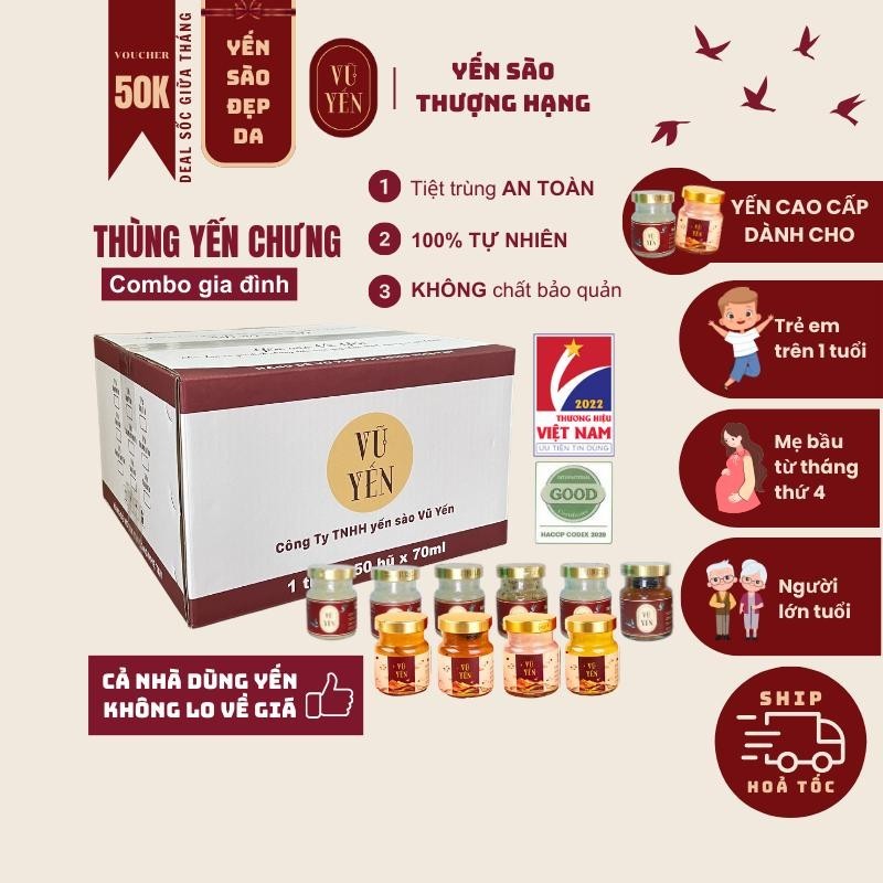 Yến sào Vũ Yến - Combo gia đình 30 / 50 hũ yến chưng sẵn - 30% yến tươi không chất bảo quản