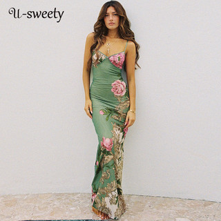 U-sweety Nữ Mùa Hè 2024 Kỳ Nghỉ Mùa Hè Cổ Chữ V In Hình Gợi Cảm Ôm Vừa Vặn Lưng Dài Đầm