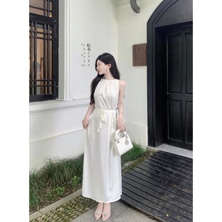 Đầm maxi satin thắt eo màu kem siêu sang