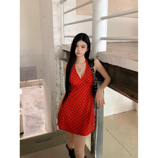 Tính khí mùa hè Đầm chấm bi màu đỏ cổ chữ V Đầm dây gợi cảm