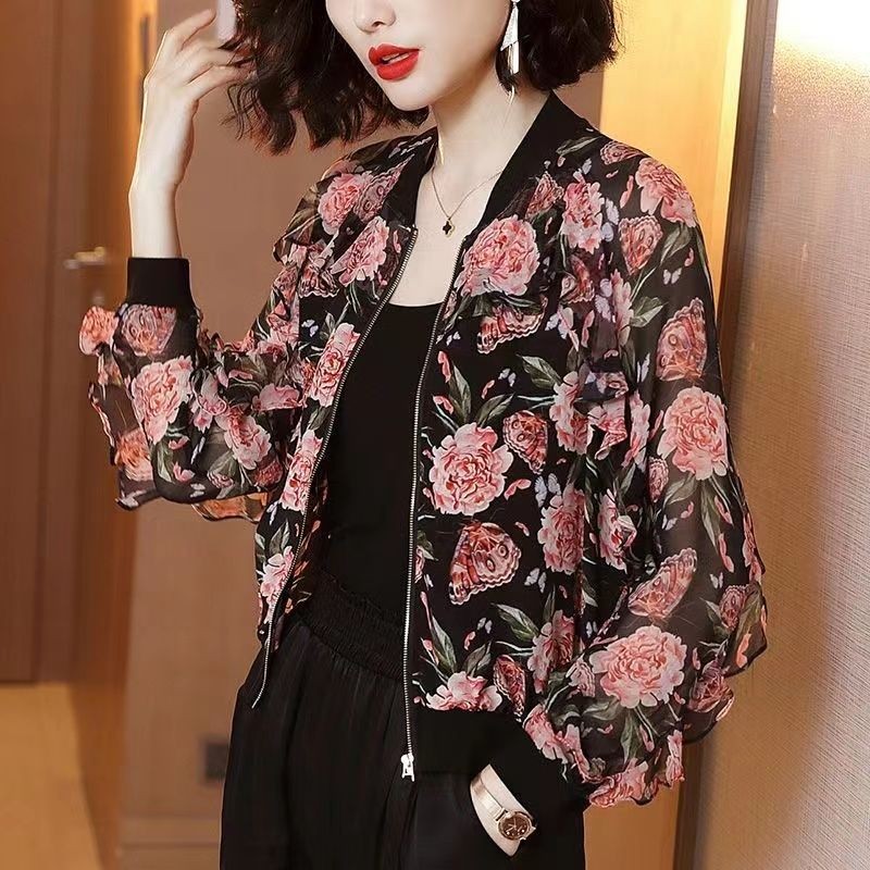 Áo khoác ngắn voan mỏng dành cho nữ in hình mùa xuân hè áo khoác bóng chày dáng rộng mới cardigan top plus size áo khoác chống nắng