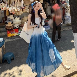 💛Ready Stock💛Đi Biển Phong Cách Kỳ Nghỉ Dây Buộc-Dye Sling Đầm Nữ Phong Cách Pháp Tính Khí Eo Eo Eo Eo Ôm Hơn Nhìn Chữ A Váy Dài Lớn Xoay 4.8 Xinggc