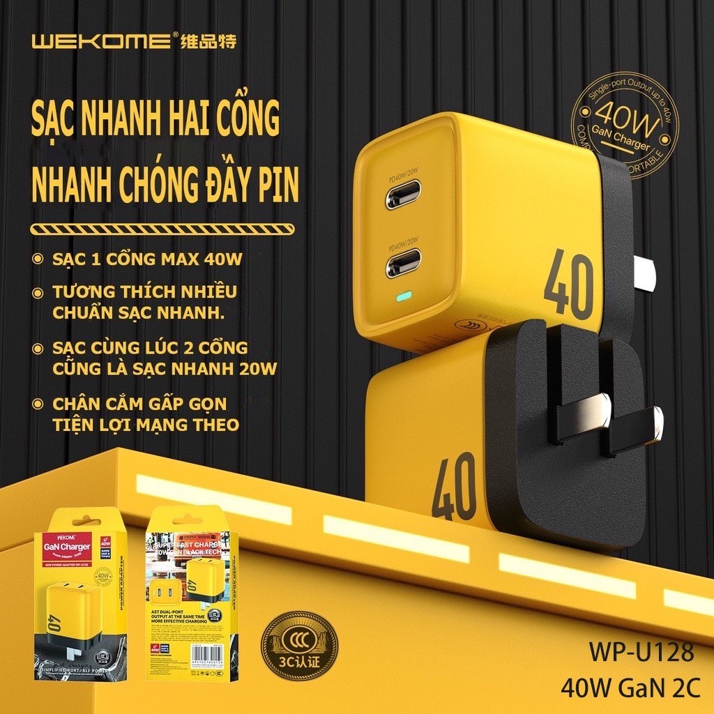 Củ Sạc Nhanh GaN WEKOME WP-U128 2 Cổng 40W (PD 20W+20W) Cho Loptop 16 Pro Max 15 Pro Max 14 Pro 13 1