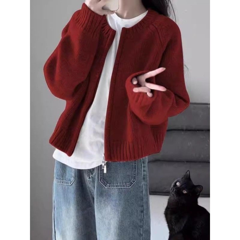 K Dệt Kim Cardigan Áo Len Áo Khoác Nữ Thu Đông Giáng Sinh Mới Màu Đỏ Rời Ngoài Thường Ngày Dây Kéo Top Hợp Thời Trang