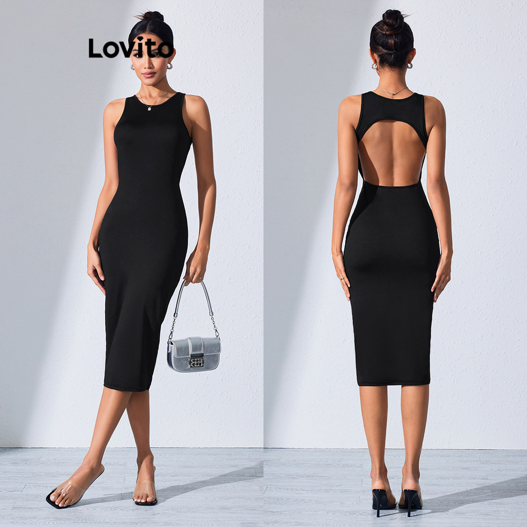 Đầm Lovito hở lưng màu trơn sexy cho nữ LBL08185