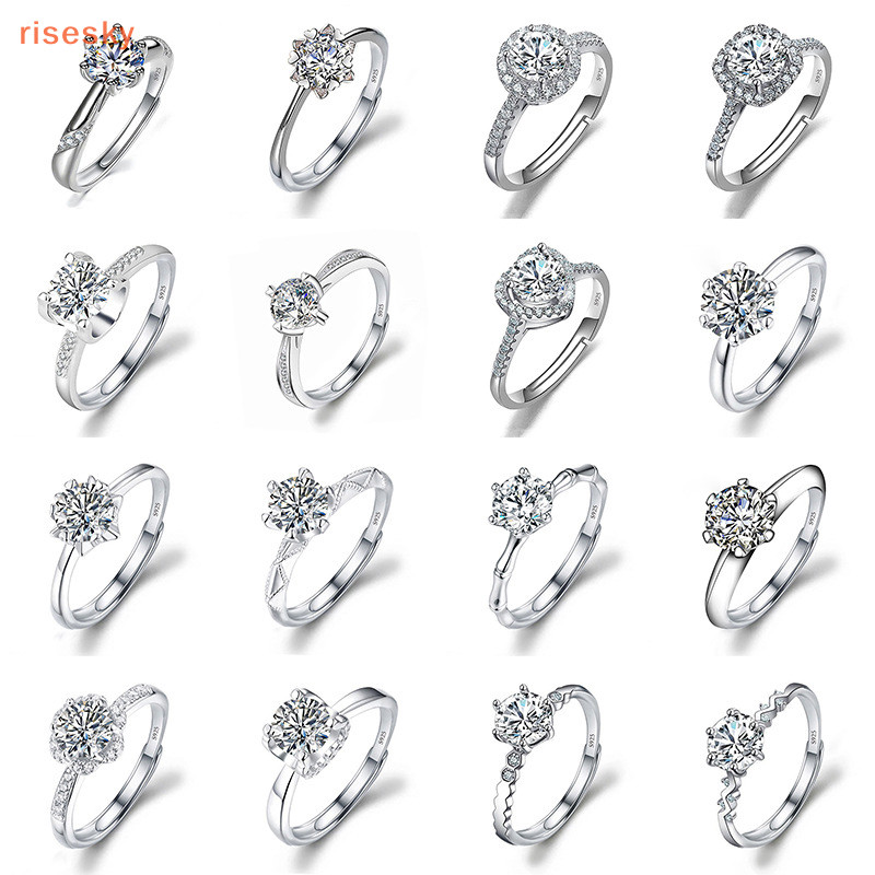 [Risesky] Moissanite Đính Hôn Nhẫn Đính Hôn Kim Cương Kẻ Sọc Mở Nhẫn Cho Nữ Bạc 925 Hứa Cưới Nhẫn Có Thể Điều Chỉnh Trang Sức Mỹ