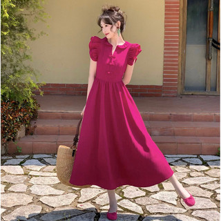 Váy ngắn tay phong cách Trung Quốc mới khóa đĩa trắng mâm xôi đỏ micro-plain Feifei váy tay áo