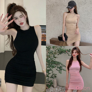 Đầm quấn hông không tay cổ chữ O màu trơn phong cách Hàn Quốc mùa hè