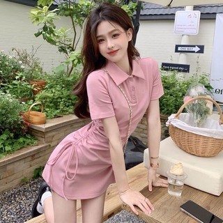 Nữ Xuân Hè Hàn Quốc Ngọt Ngào Và Gợi Cảm Cổ Lật Dây Rút Dây Buộc Slim Fit Dres