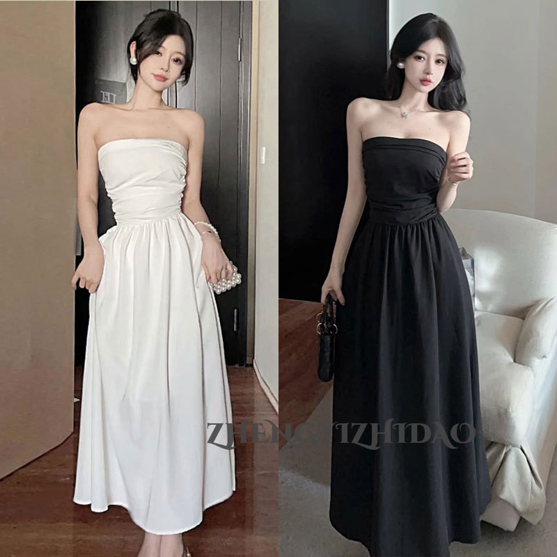 Zhengyizhidao Đầm ôm mùa xuân Pháp mới cao cấp màu trơn xếp ly eo giảm béo đáy ống váy dài