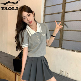 Yaoli Áo thun nữ cổ chữ V phong cách đại học Áo sơ mi Polo thời trang phù hợp với Áo thun ve áo ngắn tay thông thường