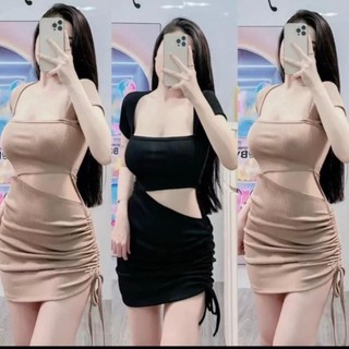 Đầm Tay Ngắn Cổ Vuông Khoét Eo Rút Dây 1 Bên - Dáng Ngắn Ôm Body -Tiểu Thư Bánh Bèo Cute Sang Chảnh Dạo Phố Đi Tiệc
