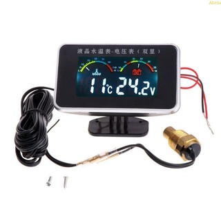 Alittle 12V 24V Xe LCD Nhiệt Độ Nước Đồng Hồ Đo Vôn Kế- 2in1 Nhiệt Độ Đồng Hồ Đo 17mm Cảm Biến