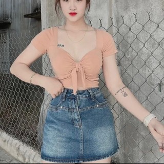 A95 Áo croptop nữ kiểu thun gân len 4 chiều cột nơ  ( ko mút )