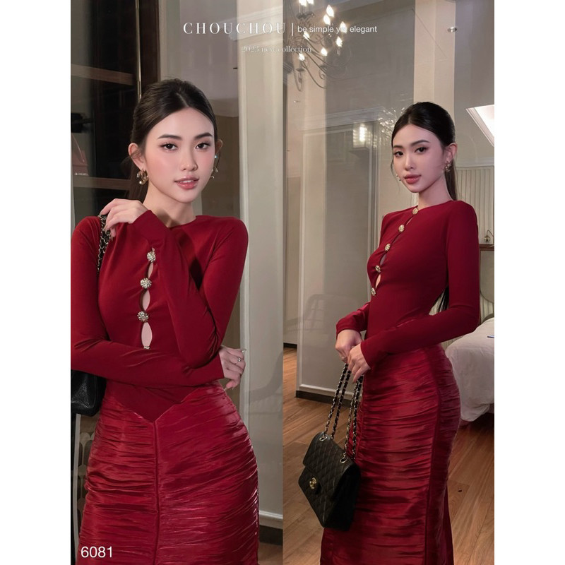 [Ảnh thật cam thường hình cuối] Đầm Body Xếp Nút Chouchou - Đỏ