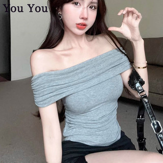Bạn Bạn Nhẹ Nhàng Vai Áo Thun Nữ Ngắn Mùa Hè Thiết Kế Cảm Giác Thiểu Số lộ Xương Đòn Gợi Cảm Nóng Sang Trọng Áo
