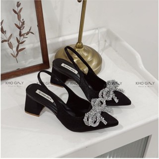 GIÀY CAO GÓT MŨI NHỌN ĐẾ VUÔNG 6,5CM NƠ ĐÁ SANG TRỌNG - D60