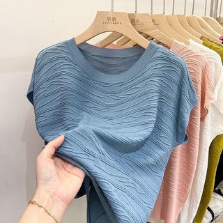 Mùa Hè Phong Cách Mới Thường Ngày Rời Đơn Giản Dệt Kim Băng Lụa Áo Thun Nữ Cổ Tròn Thời Trang