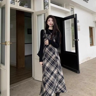 Hai mảnh Thu Đông Dài Đế Ngắn Sling Nữ Váy Chải Thiết Kế Sense SEVEN77 DREAM Checkered