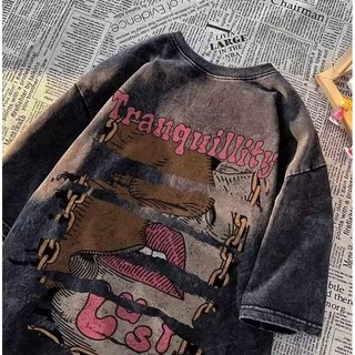 M-5XL Mỹ Phong Cách Đường Phố Nam Hợp Thời Trang Áo Thun Nữ Tay Ngắn Giặt Đau Khổ Cổ Tròn Retro Đồ Họa Tee Đen