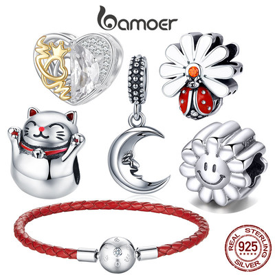 Bamoer 925 Sterling Sliver Charm Red Series Mèo May Mắn Hoa Hướng Dương Trái Tim Mặt Dây Chuyền Phụ Kiện Cho Vòng Tay Quà Tặng Cho Bé Gái
