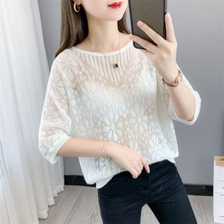 Mùa Xuân Mùa Hè Phong Cách Mới Rỗng Búp Bê Tay Dệt Kim Nữ Phiên Bản Hàn Quốc Rời Ba Phần Tư Tay Áo Thun Nữ