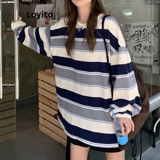 Lovito Áo thun sọc dài tay thường ngày cho nữ LNA27046 (Cam/Xanh)