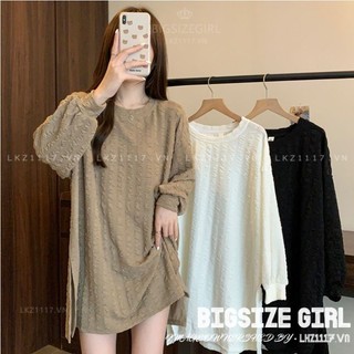 Váy đầm nữ Bigsize Đầm thun suông dáng suông tay dài cổ tròn xẻ tà trơn mùa thu Phong cách Hàn Quốc Thời Trang đẹp